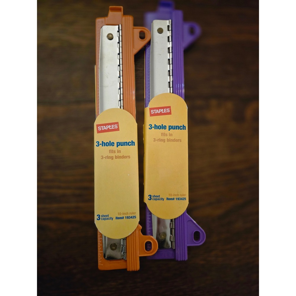Staples 3 Hole Punch Fits 3 Ring Binders 10 Inch Ruler New Orange Purple